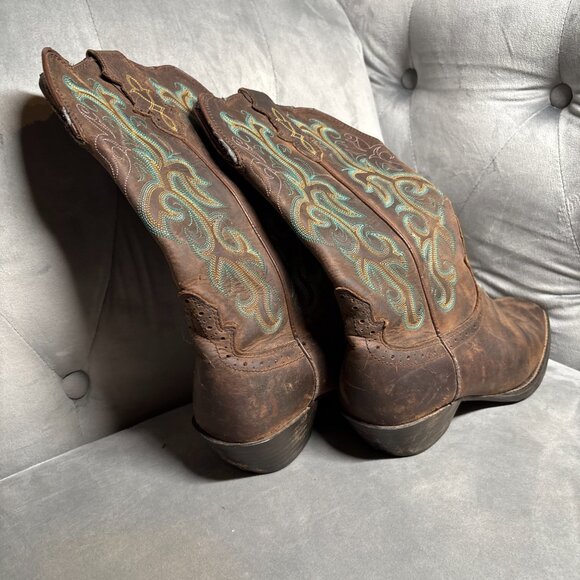 Justin Brown Leather Western Cowboy Boots Embroidered – Size 7B - Picture 5 of 11